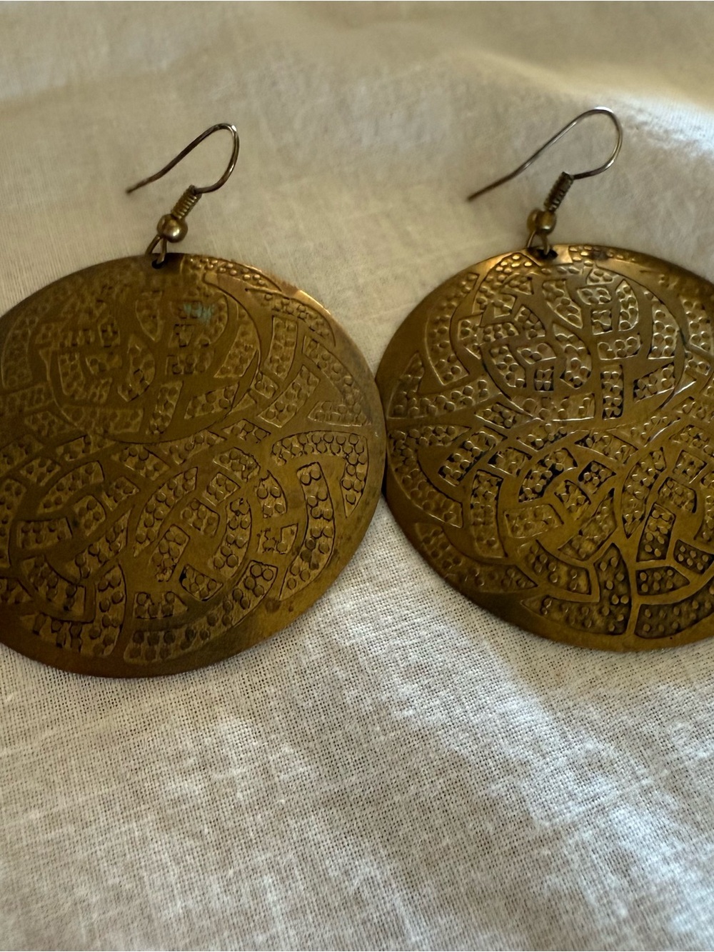 Large Etched Brass Filigree Round Drop Earrings
